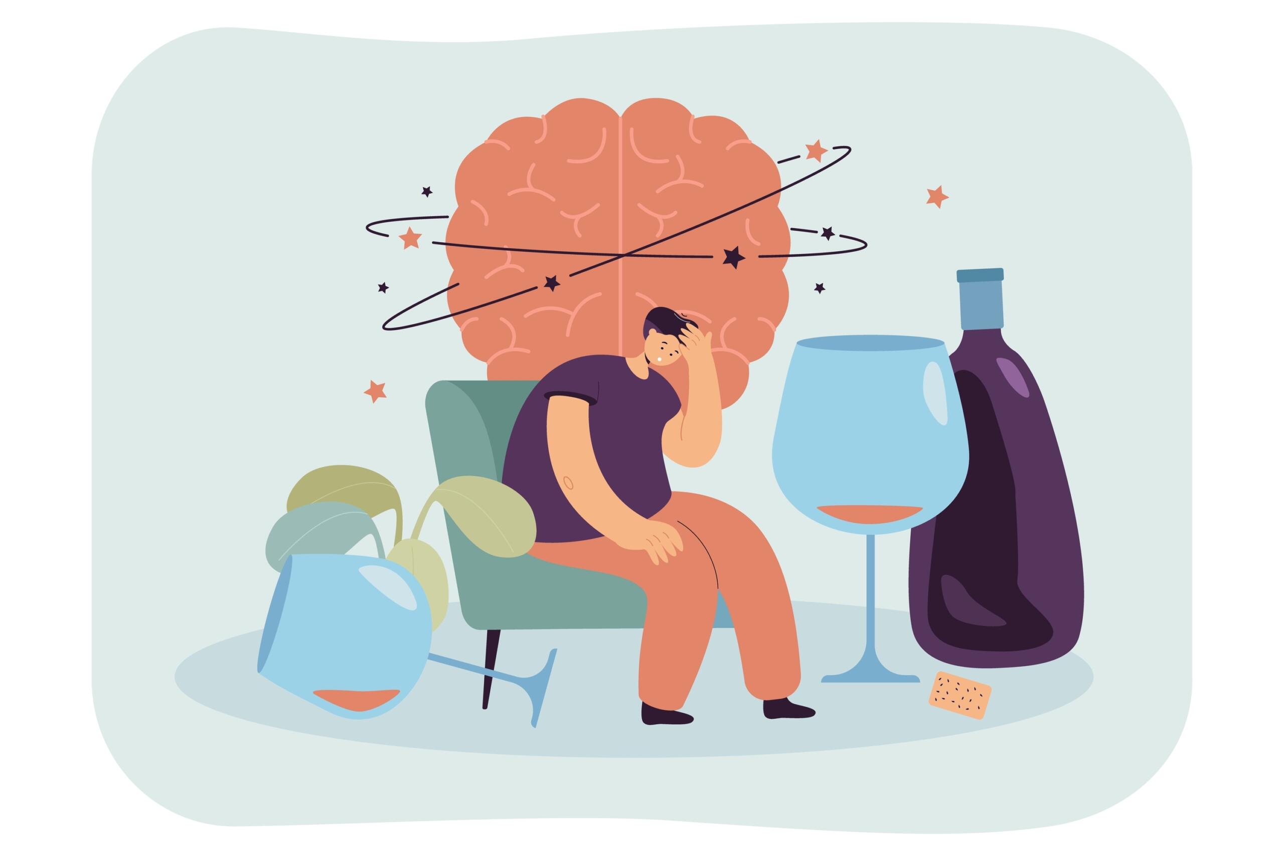 Alcohol Recovery: Overcoming Mental Challenges Illustration of person struggling with alcohol addiction and brain stress