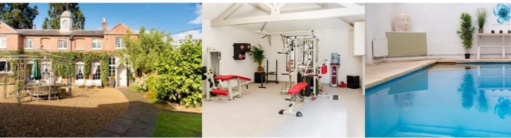 Luxury Rehab Facilities: Gardens, Gym, and Pool Image of rehab center with garden, gym equipment, and a pool for recovery.
