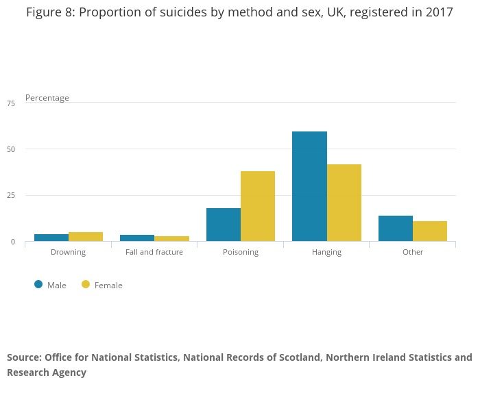Male Mental Health Awareness: Suicide Statistics and Methods Bar chart showing male mental health awareness via suicide methods in 2017