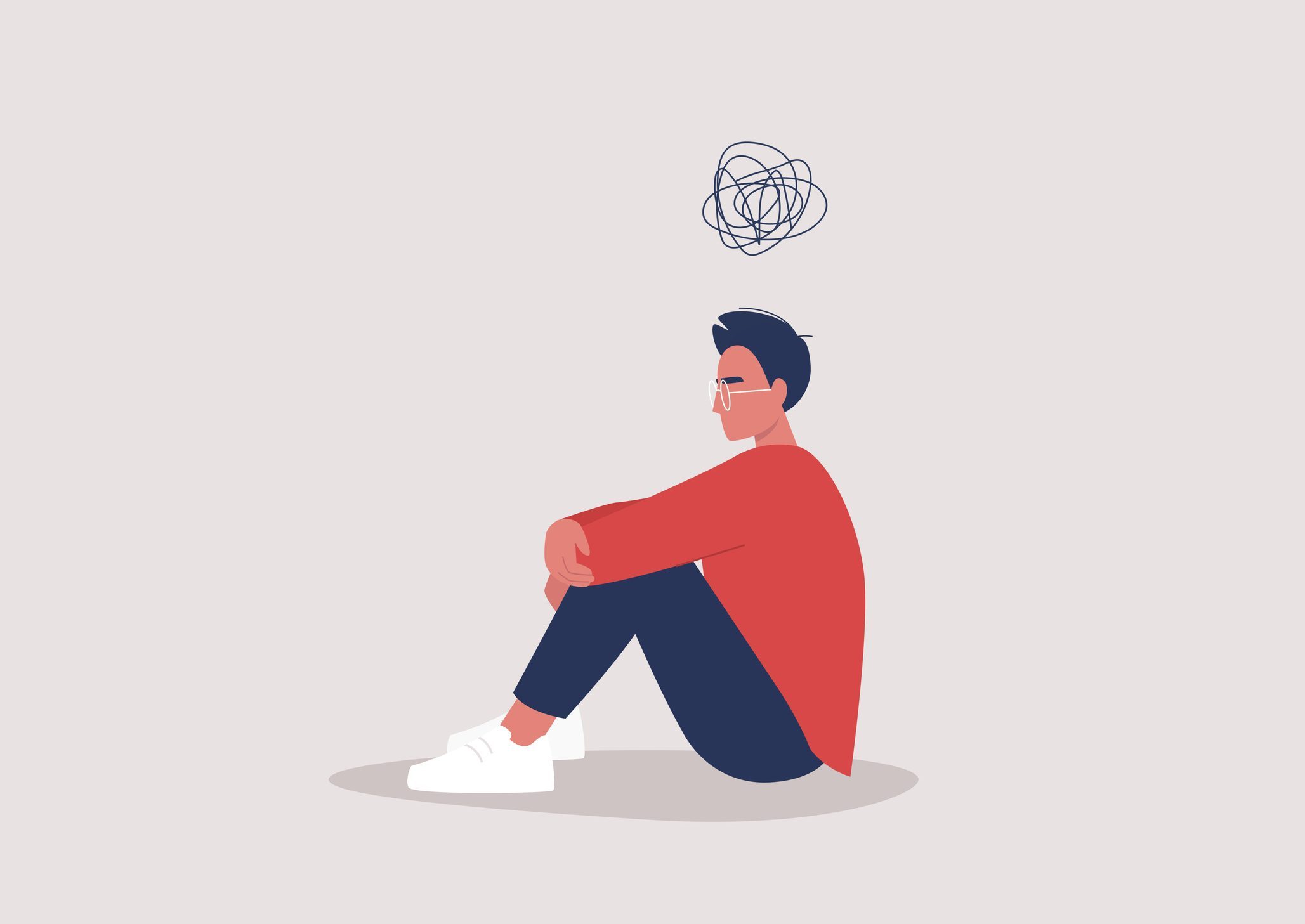 Overcoming Mental Struggles in Alcohol Recovery Illustration of person sitting with messy thought bubble, reflecting on recovery